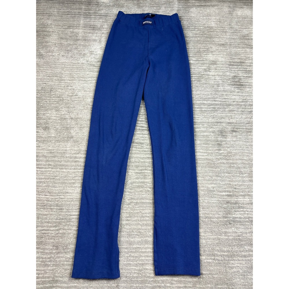 Boohoo Leggings Womens 6 Blue Official Ribbed High Rise Split Hem Slim Fit Pants